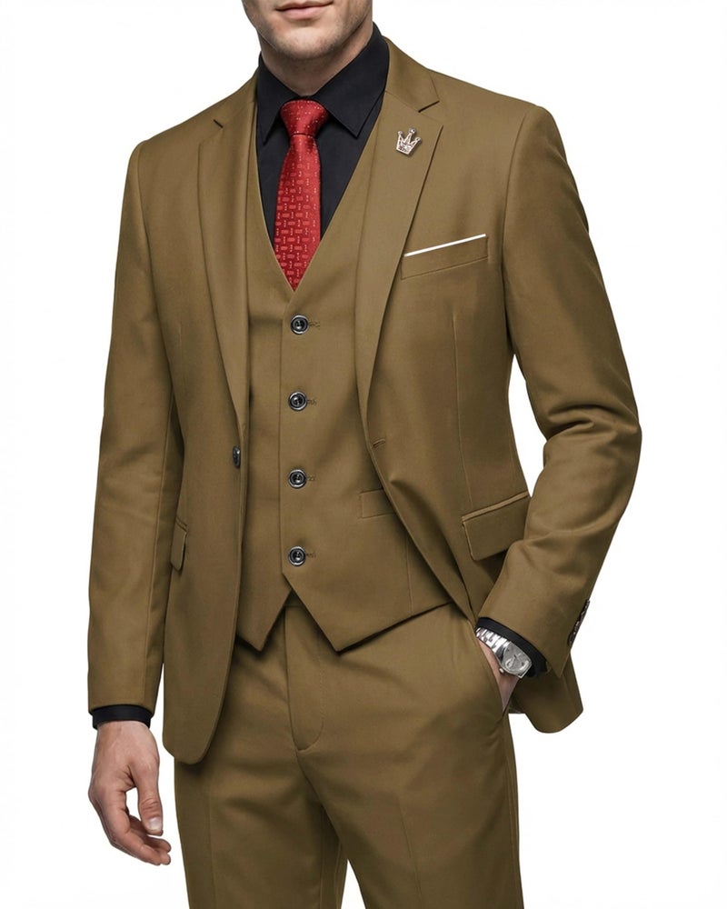 MYS Men's Blazer Vest Pants Set, Solid Party Wedding Dress, One Button Jacket Waistcoat and Trousers, 3 Piece Slim Fit Suit with Tie Khaki - Image 1